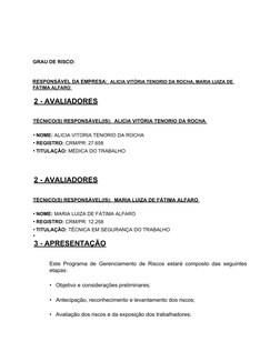 GRAU DE RISCO:
RESPONSÁVEL DA EMPRESA:  
 
 ALICIA VITÓRIA TENORIO DA ROCHA, MARIA LUIZA DE 
 
 
FÁTIMA ALFARO
 
    
2 - AVA