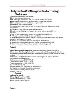 Harambee University College
 Assignment on Cost Management and Accounting I
        Short Answer
 1 Define cost object and gi