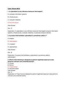 Cyber Attacks MCQ  
1. A cyberattack is any offensive maneuver that targets? 
A. computer information systems 
B. infrastruct