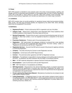 2 
1.3 Scope 
NSF’s NFC program is intended to cover products used in the areas of food processing, handling, and 
storage, w