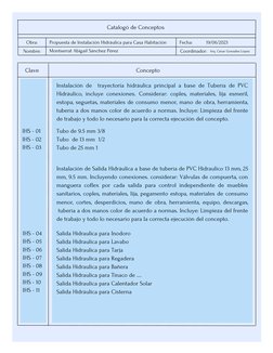 Catalogó de Conceptos 
Obra:
Nombre:
Fecha:
Coordinador:
Concepto
Clave
Propuesta de Instalación Hidráulica para Casa Habitac