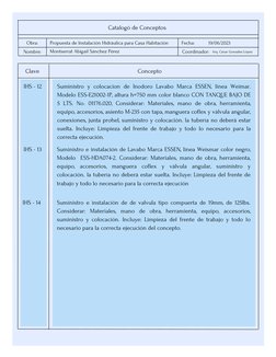 Catalogó de Conceptos 
Obra:
Nombre:
Fecha:
Coordinador:
Concepto
Clave
Propuesta de Instalación Hidráulica para Casa Habitac