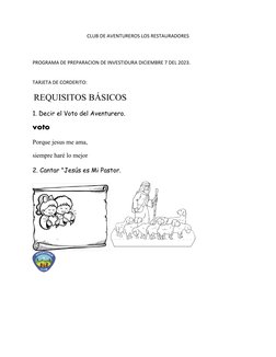 CLUB DE AVENTUREROS LOS RESTAURADORES
PROGRAMA DE PREPARACION DE INVESTIDURA DICIEMBRE 7 DEL 2023. 
TARJETA DE CORDERITO:
 RE