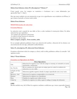 a2 Softway C.A. 
 
Sentencias en SQL 
Pág. 10 
Delete from Sclientes where FC_Descripcion="Cliente 3" 
 
Como puede verse, lo