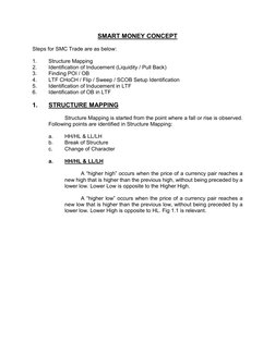SMART MONEY CONCEPT  
 
Steps for SMC Trade are as below: 
 
1. 
Structure Mapping 
2. 
Identification of Inducement (Liquidi