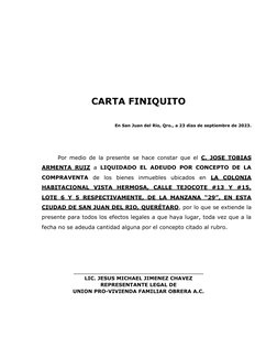 CARTA FINIQUITO
En San Juan del Río, Qro., a 23 días de septiembre de 2023.
Por medio de la presente se hace constar que el