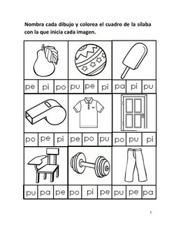 Nombra cada dibujo y colorea el cuadro de la sílaba
5
con la que inicia cada imagen.
