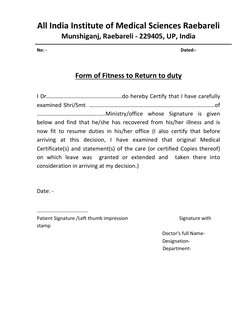 All India Institute of Medical Sciences Raebareli 
Munshiganj, Raebareli - 229405, UP, India 
 
No: -