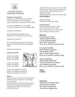 Capilla San Expedito
Cantos Misa de Navidad.
Cantemos, Cantemos
Cantemos, cantemos gloria al salvador
Feliz nochebuena, fel