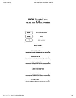 11/2/23, 8:16 PM
IMEI details: 356371483543695 - IMEI.info
https://www.imei.info/?imei=356371483543695
1/5
IPHONE 15 PRO MAX