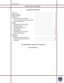 HOLY ANGEL UNIVERSITY
Running Head
4
TABLE OF CONTENTS
Title Page
……………………….…………….
1
Approval Sheet
……………………….…………….
2
Table