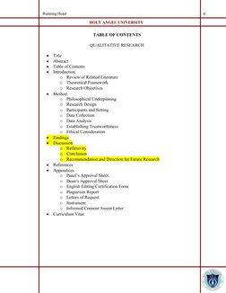 HOLY ANGEL UNIVERSITY
Running Head
6
TABLE OF CONTENTS
QUALITATIVE RESEARCH

Title

Abstract

Table of Contents

Introduc