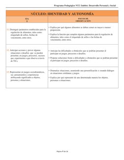 Programa Pedagógico NT2 Ámbito: Desarrollo Personal y Social
Página 4 de 26
NÚCLEO: IDENTIDAD Y AUTONOMÍA
OA
T
FOCOS DE
OBSER