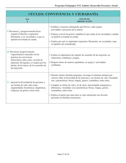 Programa Pedagógico NT2 Ámbito: Desarrollo Personal y Social
Página 7 de 26
NÚCLEO: CONVIVENCIA Y CIUDADANÍA
OA
T
FOCOS DE
OB