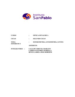 CURSO
: 
OPTICA OFTALMICA
CICLO
: 
SEGUNDO CICLO
TEMA
:
ESFEROMETRIA, LENSOMETRIA, LENTES 
ESFERICOS Y 
ASFERICOS
 
INTEGRANT