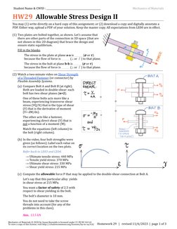 Student Name & CWID : ______________________________________________
Mechanics of Materials
HW29 Allowable Stress Design II
Y