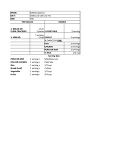 NAME:
Editha Espinosa
DIET:
1800 Low Salt Low Fat
BMI:
OW
PM SNACKS
DINNER
1.VEGETABLE
2 serving
2. SPREAD
2.FRUIT
2 servings
