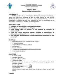Universidad veracruzana
Facultad de Química Farmacéutica Biológica
Laboratorio de Hematología
Práctica No. 6
Recuento De Reti