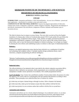 KKR&KSR INSTITUTE OF TECHNOLOGY AND SCIENCES
DEPARTMENT OF MECHANICAL ENGINEERING
ROBOTICS NOTES ( Unit Wise)
UNIT-1&2
INTRO