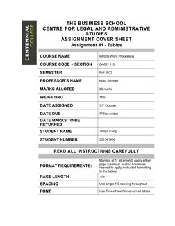 THE BUSINESS SCHOOL
CENTRE FOR LEGAL AND ADMINISTRATIVE
STUDIES
ASSIGNMENT COVER SHEET
Assignment #1 - Tables
COURSE NAME
Int