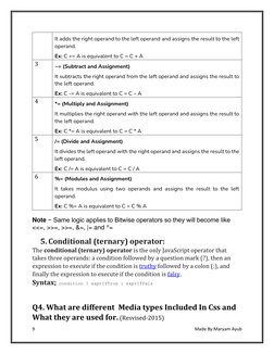 9 
 
Made By:Maryam Ayub 
 
It adds the right operand to the left operand and assigns the result to the left 
operand. 
Ex: C