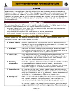 2 
May 2022 
 
BEHAVIOR INTERVENTION PLAN PRACTICE GUIDE 
PURPOSE 
 
A BIP (Behavior Intervention Plan) is a plan comprisin