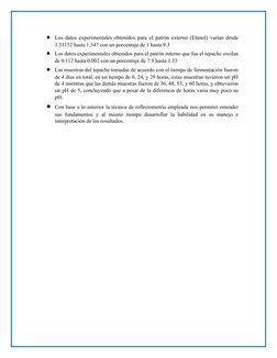 
Los datos experimentales obtenidos para el patrón externo (Etanol) varían desde
1.33152 hasta 1.347 con un porcentaje de 1