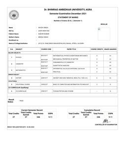 Current Semester Record
Total Credits
Total Credits
Earned
Total Points
SGPA
27
27
246
9.11
Cumulative Record
Total Credits
T