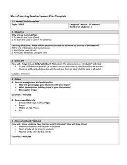 Micro-Teaching Session/Lesson Plan Template
1.  Lesson Plan Information
Topic: VERB
Length of Lesson:  15 minutes
Number of s