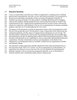 NIST SP 800-92r1 ipd 
 
Cybersecurity Log Management 
October 2023 
 
Planning Guide 
1 
Executive Summary 
157 
A log is a r