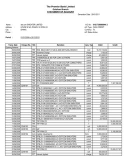 The Premier Bank Limited
Gulshan Branch
STATEMENT OF ACCOUNT
Generation Date : 29/01/2011
 Name   :       
dot.com SWEATER LI