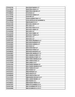 7701423736
0624 ROJO NARAN 1 LT
7711170502
0628 PERLA ROJO 1 LT
7701408514
0669 PERLA NAR GR 1 LT
7701408993
0720 ROJO 1LT
77
