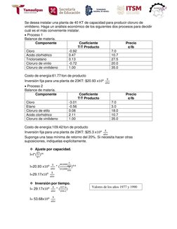 Se desea instalar una planta de 40 KT de capacidad para producir cloruro de  
vinilideno. Haga un análisis económico de l