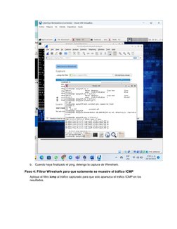 b.
Cuando haya finalizado el ping, detenga la captura de Wireshark.
Paso 4: Filtrar Wireshark para que solamente se muestre e