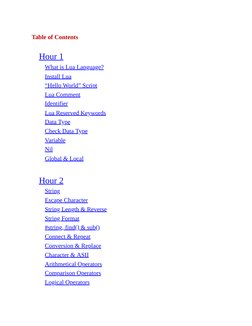 Table of Contents
Hour 1
What is Lua Language?
Install Lua
“Hello World” Script
Lua Comment
Identifier
Lua Reserved Keywords
