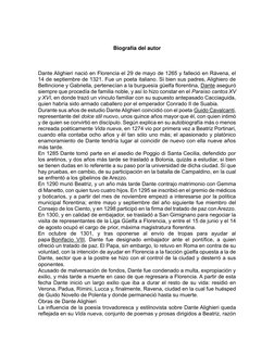 Biografía del autor 
 
Dante Alighieri nació en Florencia el 29 de mayo de 1265 y falleció en Rávena, el 
14 de septiemb