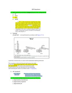 CBT Questions 
1. Butt weld full penetration Category D joints fully radiographed?  
a. RT 
b. SPOT 
c. RT-1 
d. NONE 
 
2. P