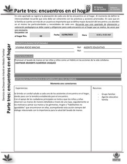 Parte tres: encuentros en el hogar 
En este apartado se registra la planeación de cada uno de los encuentros en el hogar.