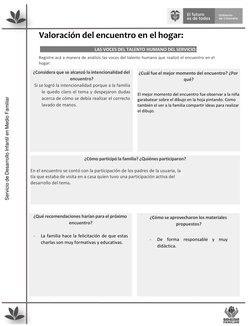 Valoración del encuentro en el hogar: 
 
  
LAS VOCES DEL TALENTO HUMANO DEL SERVICIO: 
Registre acá a manera de análisis las