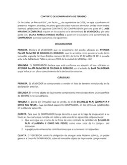 CONTRATO DE COMPRAVENTA DE TERRENO 
 
En la ciudad de Mexicali B.C., en fecha __ de septiembre de 2018, los que suscribimos e