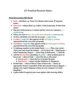 ICT Practical Revision Notes
Word Processing (MS Word)

Serif – with flicks e.g. Times New Roman (short name  long font 
na