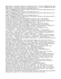 game.Players.LocalPlayer.Character.LeftUpperLeg.Color = Color3.fromRGB(255,201,201)
game.Players.LocalPlayer.Character.LeftLo