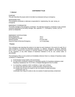 CONTINGENCY PLAN
1. Abstract
PURPOSE:
This plan describes the proper action to be taken by employees during an emergency.
RES