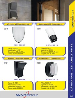 REF: 40827
36 W
30 W
REF: 40913
Lámpara LED Arbotante
Lámpara LED Arbotante
REF: 40826
12 W
20 W
REF: 40917
Lámpara LED Arbot