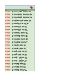 Fechas
Propuesta
Rellear por el alumno
31 de octubre al 06 de noviembre / 2016
Rellear por el alumno
07 de noviembre al 13 de