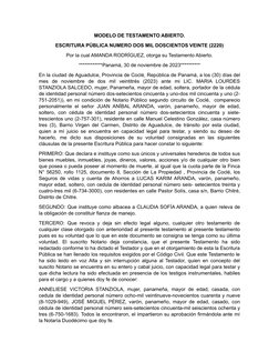 MODELO DE TESTAMENTO ABIERTO.
ESCRITURA PÚBLICA NUMERO DOS MIL DOSCIENTOS VEINTE (2220)
Por la cual AMANDA RODRÍGUEZ, otorga