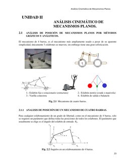 Análisis Cinemático de Mecanismos Planos 
 
23 
 
   UNIDAD II 
 
ANÁLISIS CINEMÁTICO DE 
MECANISMOS PLANOS. 
 
2.1 
ANÁL