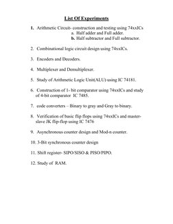 List Of Experiments
1.  Arithmetic Circuit- construction and testing using 74xxICs
a. Half adder and Full adder.
b. Half subt