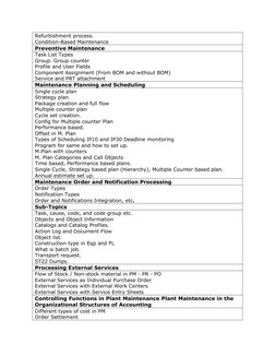 Refurbishment process. 
Condition-Based Maintenance 
Preventive Maintenance 
Task List Types 
Group. Group counter 
Profile a