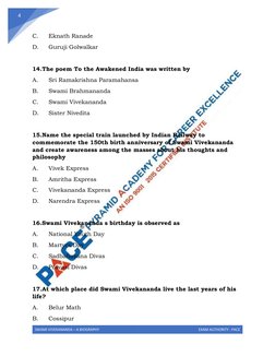 SWAMI VIVEKANANDA – A BIOGRAPHY 
EXAM AUTHORITY : PACE 
 
4 
C. 
Eknath Ranade 
D. 
Guruji Golwalkar 
 
14.The poem To the